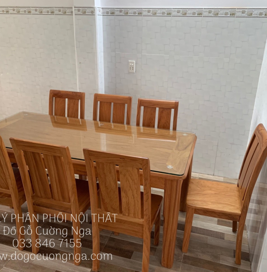 Bộ Bàn Ăn Gỗ Gõ Đỏ Hiện Đại 8 Ghế Mặt Liền 