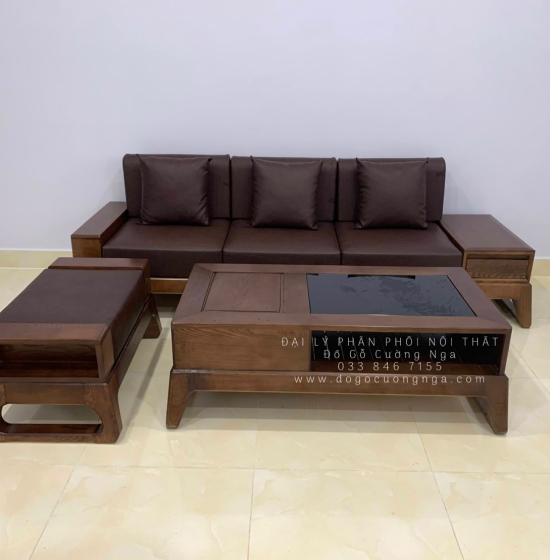 Bộ Sofa Văng Gỗ Sồi Nga Lau Màu Óc Chó 2m3 Kèm Nệm 