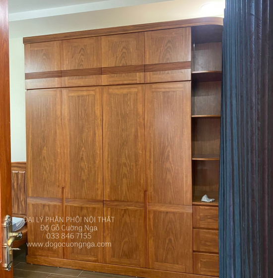Tủ Quần Áo Gỗ Cẩm Vân 4 Cánh Góc Cao 2 Tầng CV29.1