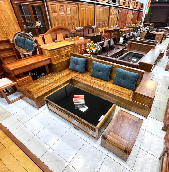 Sofa Gỗ Hương Xám Góc L Chân Cuốn 2m8x1m8 Hiện Đại 