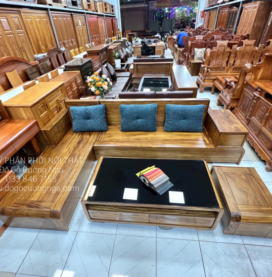 Sofa Gỗ Hương Xám Góc L Chân Cuốn 2m8x1m8 Hiện Đại 