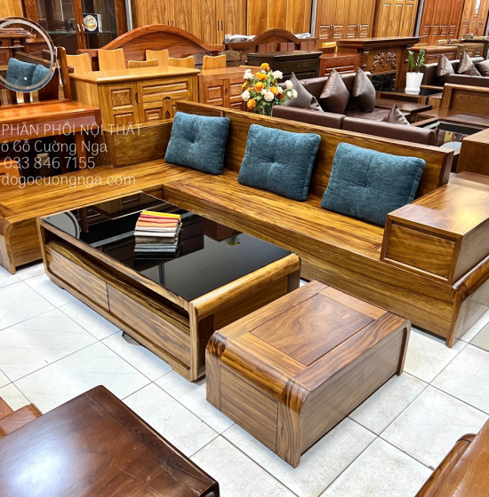 Sofa Gỗ Hương Xám Góc L Chân Cuốn 2m8x1m8 Hiện Đại 
