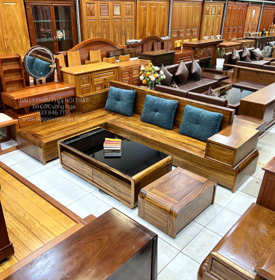 Sofa Gỗ Hương Xám Góc L Chân Cuốn 2m8x1m8 Hiện Đại 