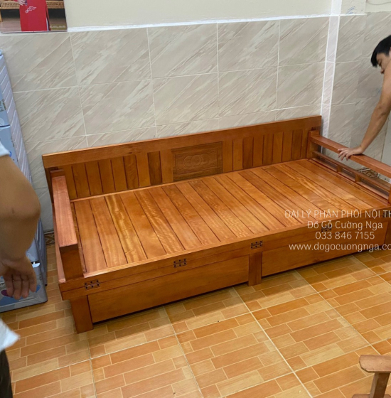 Giường gấp ô kéo gỗ sồi 1m2x1m9 - màu cánh gián 