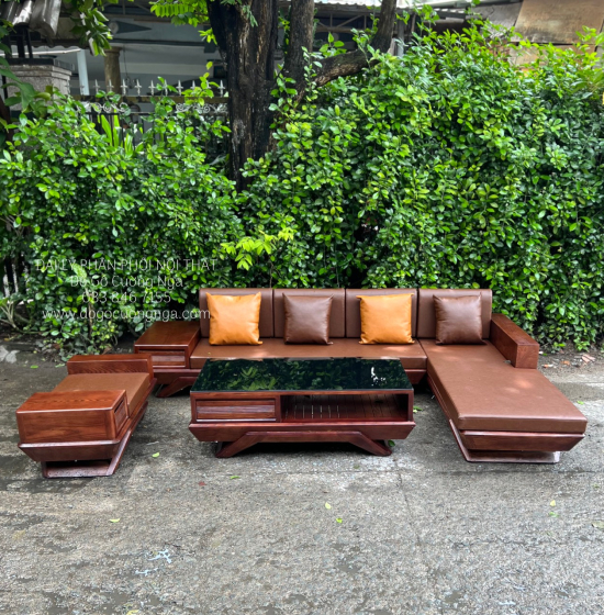 Bộ Bàn Ghế Sofa Gỗ Sồi Nga Màu Óc Chó Góc L 2m8x1m8 Hiện Đại 