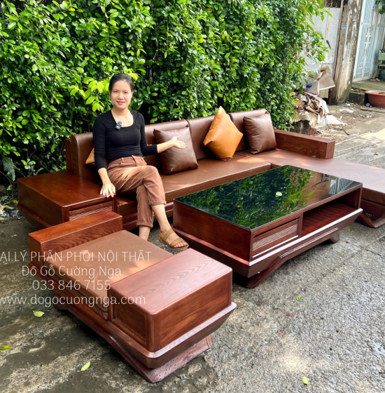 Bộ Bàn Ghế Sofa Gỗ Sồi Nga Màu Óc Chó Góc L 2m8x1m8 Hiện Đại 