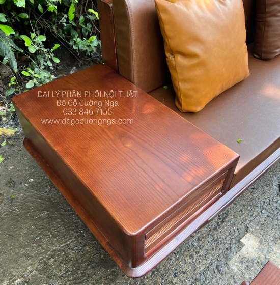 Bộ Bàn Ghế Sofa Gỗ Sồi Nga Màu Óc Chó Góc L 2m8x1m8 Hiện Đại 