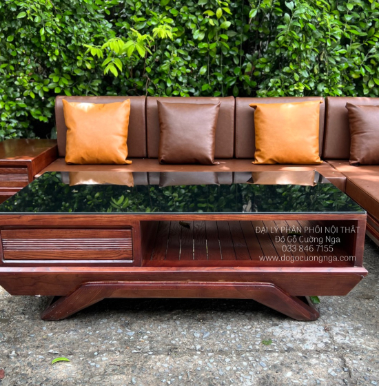 Bộ Bàn Ghế Sofa Gỗ Sồi Nga Màu Óc Chó Góc L 2m8x1m8 Hiện Đại 