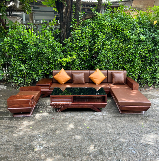 Bộ Bàn Ghế Sofa Gỗ Sồi Nga Màu Óc Chó Góc L 2m8x1m8 Hiện Đại 