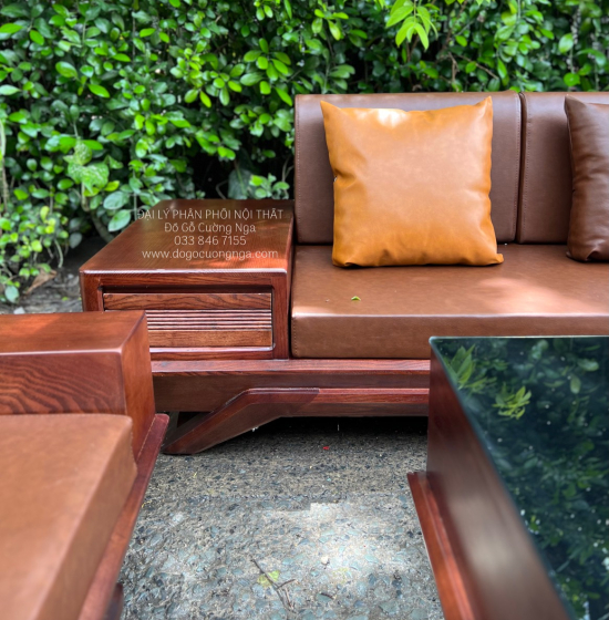 Bộ Bàn Ghế Sofa Gỗ Sồi Nga Màu Óc Chó Góc L 2m8x1m8 Hiện Đại 