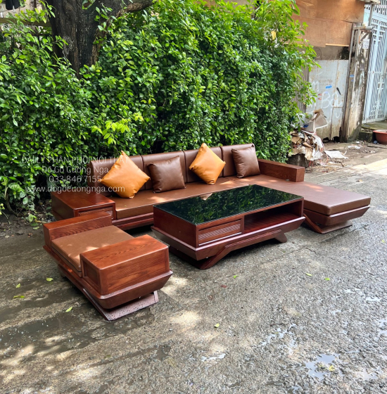 Bộ Bàn Ghế Sofa Gỗ Sồi Nga Màu Óc Chó Góc L 2m8x1m8 Hiện Đại 