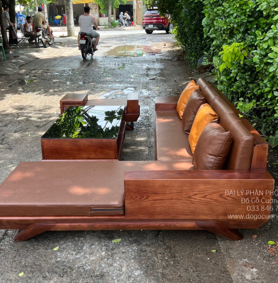 Bộ Bàn Ghế Sofa Gỗ Sồi Nga Màu Óc Chó Góc L 2m8x1m8 Hiện Đại 