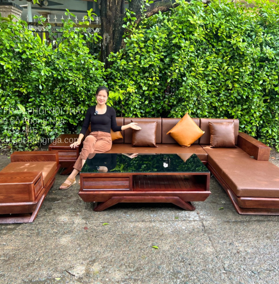Bộ Bàn Ghế Sofa Gỗ Sồi Nga Màu Óc Chó Góc L 2m8x1m8 Hiện Đại 