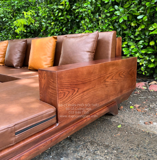 Bộ Bàn Ghế Sofa Gỗ Sồi Nga Màu Óc Chó Góc L 2m8x1m8 Hiện Đại 