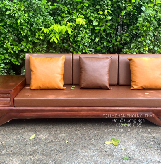 Bộ Bàn Ghế Sofa Gỗ Sồi Nga Màu Óc Chó Góc L 2m8x1m8 Hiện Đại 