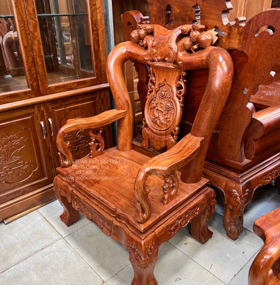 Bộ Bàn Ghế Salon Gỗ Hương Đá Mặt Liền Nguyên Tấm 10 Trạm Đào 6 Món 