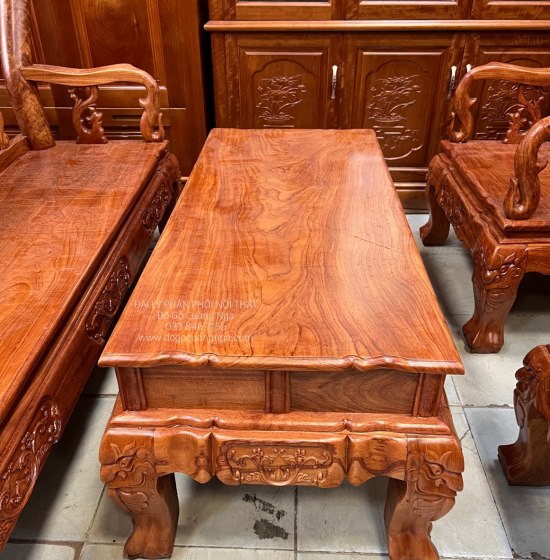 Bộ Bàn Ghế Salon Gỗ Hương Đá Mặt Liền Nguyên Tấm 10 Trạm Đào 6 Món 