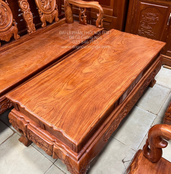 Bộ Bàn Ghế Salon Gỗ Hương Đá Mặt Liền Nguyên Tấm 10 Trạm Đào 6 Món 