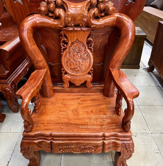 Bộ Bàn Ghế Salon Gỗ Hương Đá Mặt Liền Nguyên Tấm 10 Trạm Đào 6 Món 