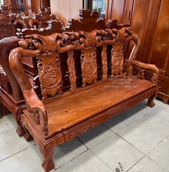 Bộ Bàn Ghế Salon Gỗ Hương Đá Mặt Liền Nguyên Tấm 10 Trạm Đào 6 Món 