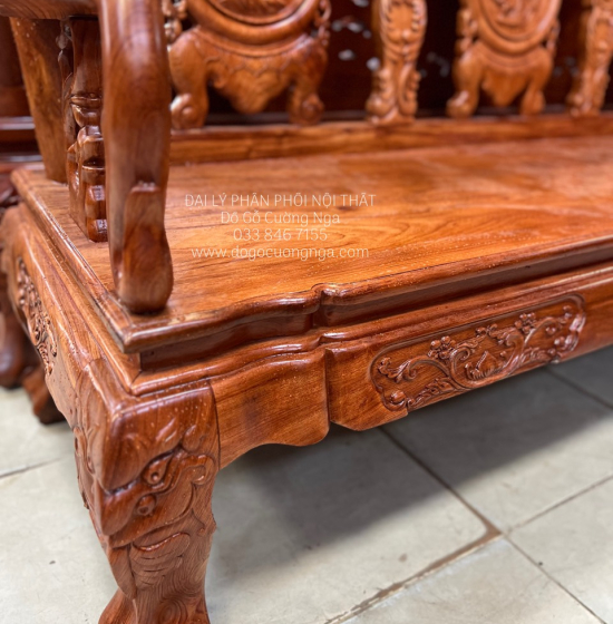 Bộ Bàn Ghế Salon Gỗ Hương Đá Mặt Liền Nguyên Tấm 10 Trạm Đào 6 Món 