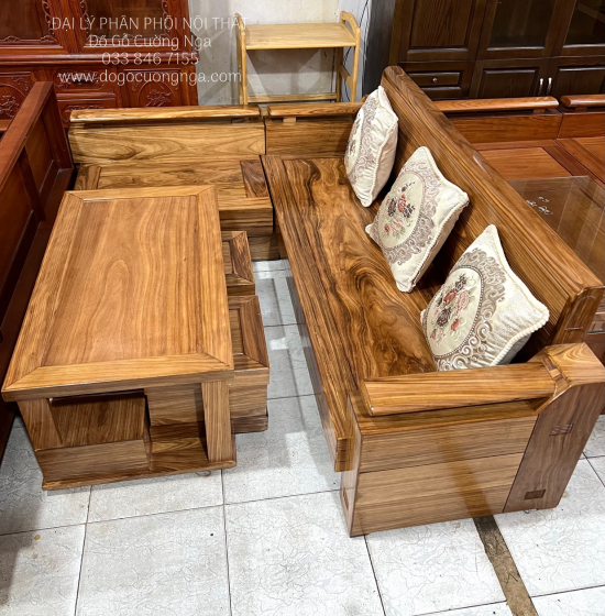 Sofa Gỗ Hương Xám Cao Cấp Góc L 2m1x1m6 Bền Đẹp