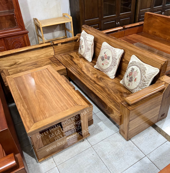 Sofa Gỗ Hương Xám Góc L 2m35x2m Thiết Kế Hiện Đại 