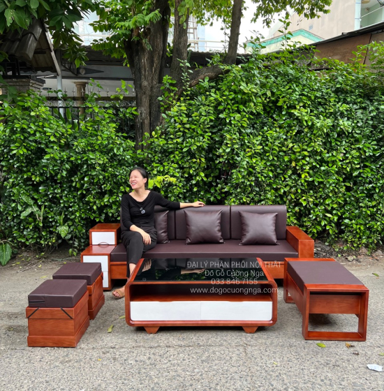 Sofa Gỗ Sồi Nga Văng 2m3 Kèm Nệm Cao Cấp Màu Cánh Gián 