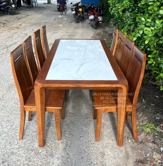 Bộ Bàn Ăn Gỗ Sồi Nga Mặt Đá 8 Ghế Màu Óc Chó Sang Trọng 