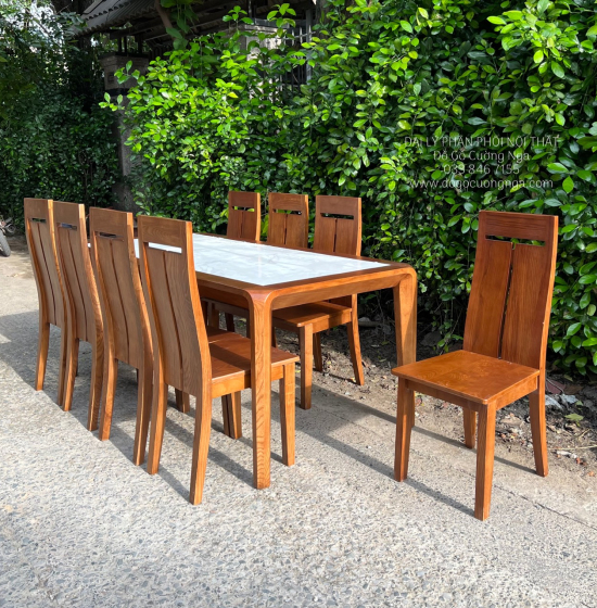 Bộ Bàn Ăn Gỗ Sồi Nga Mặt Đá 8 Ghế Màu Óc Chó Sang Trọng 