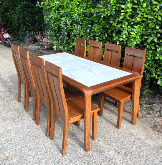 Bộ Bàn Ăn Gỗ Sồi Nga Mặt Đá 8 Ghế Màu Óc Chó Sang Trọng 