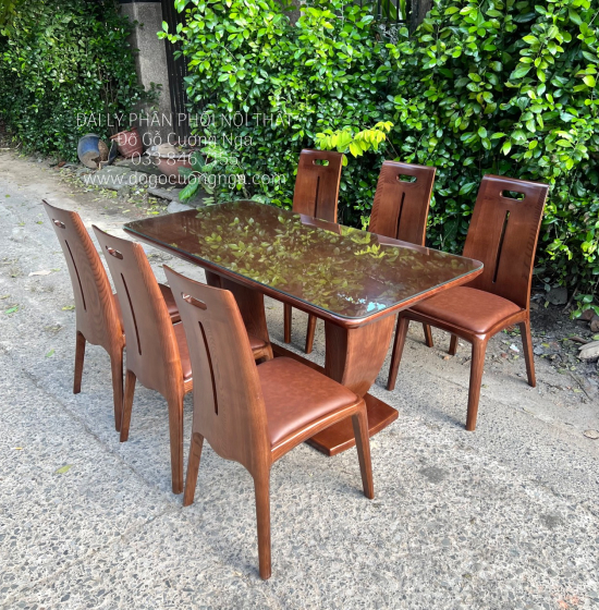 Bộ Bàn Ăn Gỗ Sồi Nga Lau Màu Óc Chó 6 Ghế Hiện Đại Mẫu Mới Nhất 