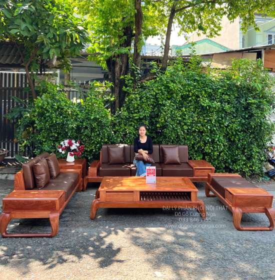 Sofa Gỗ Hương Đá Cao Cấp 2 Văng Choãi Kiểu Chữ U Sang Trọng 