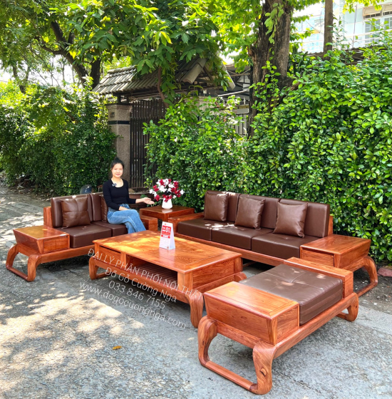 Sofa Gỗ Hương Đá Cao Cấp 2 Văng Choãi Kiểu Chữ U Sang Trọng 