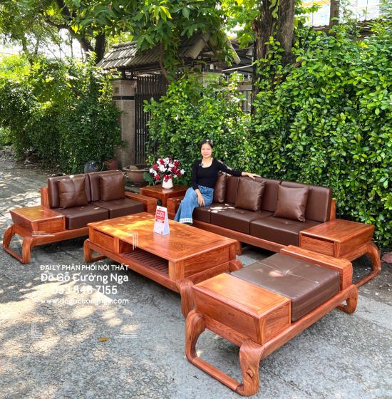 Sofa Gỗ Hương Đá Cao Cấp 2 Văng Choãi Kiểu Chữ U Sang Trọng 