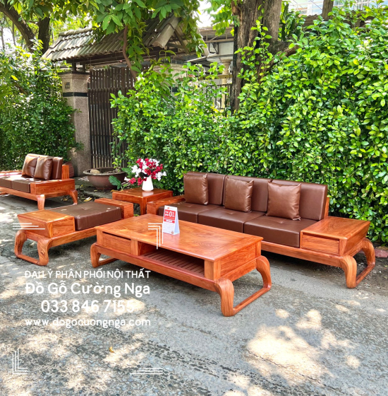 Sofa Gỗ Hương Đá  2 Văng Choãi Kèm Nệm Hiện Đại