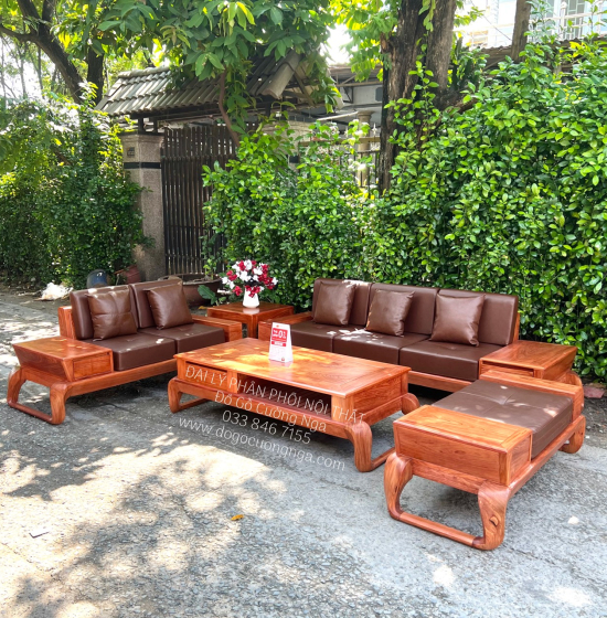 Sofa Gỗ Hương Đá Cao Cấp 2 Văng Choãi Kiểu Chữ U Sang Trọng 