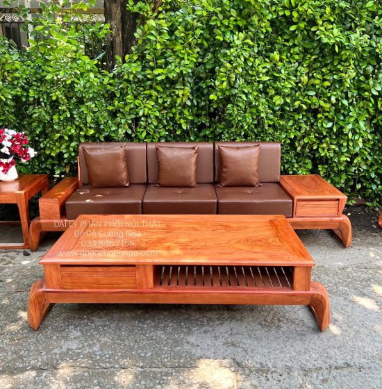 Sofa Gỗ Hương Đá Cao Cấp 2 Văng Choãi Kiểu Chữ U Sang Trọng 