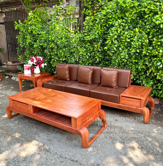 Sofa Gỗ Hương Đá  2 Văng Choãi Kèm Nệm Hiện Đại