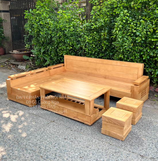 Ghế Sofa Gỗ Sồi Nga 2m3x2m Góc Chữ L Tựa Trơn 