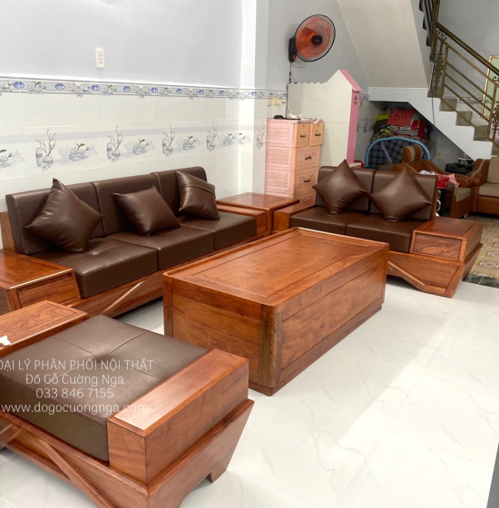 Sofa Gỗ Hương Đá 2 Văng Cao Cấp Chân Thuyền
