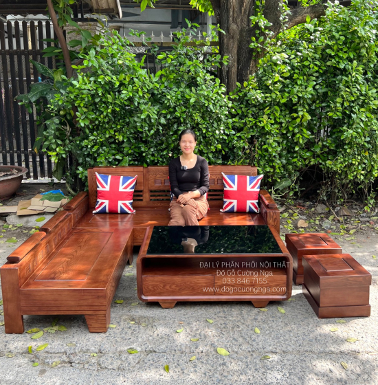 Bộ Bàn Ghế Sofa Góc L Gỗ Sồi Nga 2mx1m8 - Màu Óc Chó 