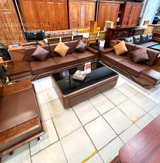 Bộ Bàn Ghế Sofa 2 Văng Thuyền Gỗ Sồi Nga Lau Màu Óc Chó Kèm Nệm