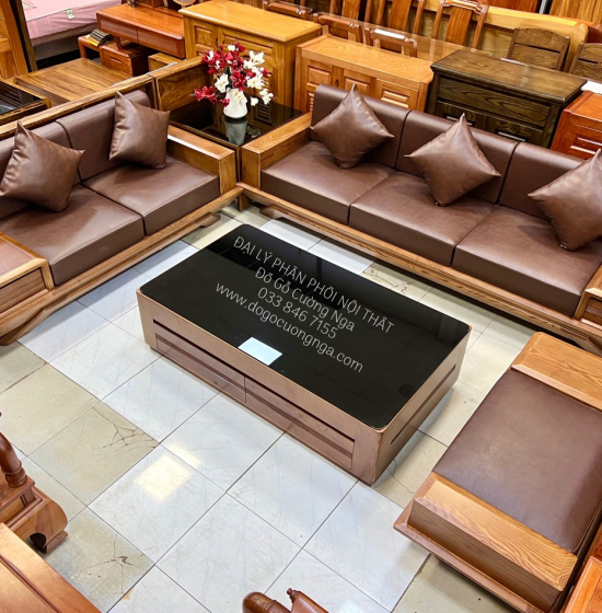 Bàn Ghế Sofa 2 Văng Gỗ Sồi Nga Cao Cấp Chân Thuyền 
