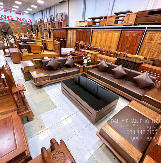Bàn Ghế Sofa 2 Văng Gỗ Sồi Nga Cao Cấp Chân Thuyền 