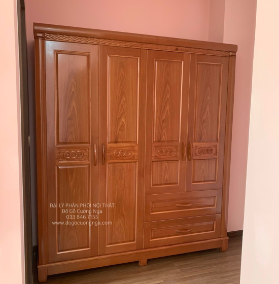 Tủ Quần Áo Gỗ Xoan Đào 4 Cánh Mở Cao Cấp 