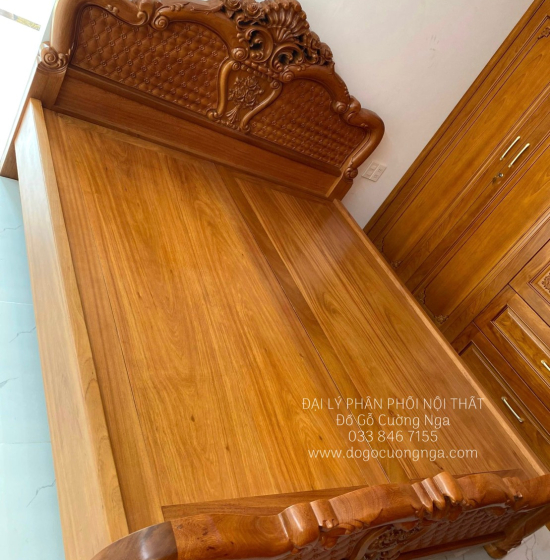Giường gõ gõ đỏ cao cấp mẫu hoa hồng - phản liền 