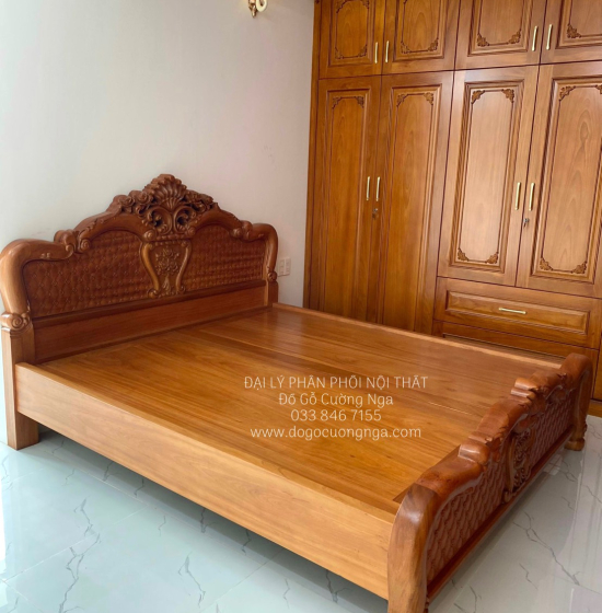 Giường gõ gõ đỏ cao cấp mẫu hoa hồng - phản liền 