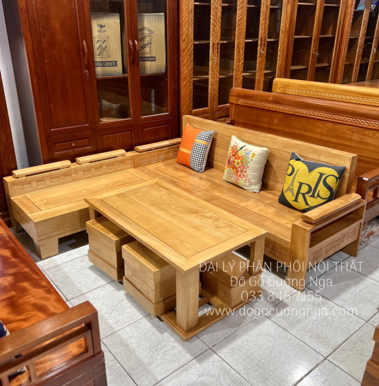 Sofa Gỗ Sồi Nga 2mx1m8 Tựa Liền Hiện Đại Giá Rẻ 