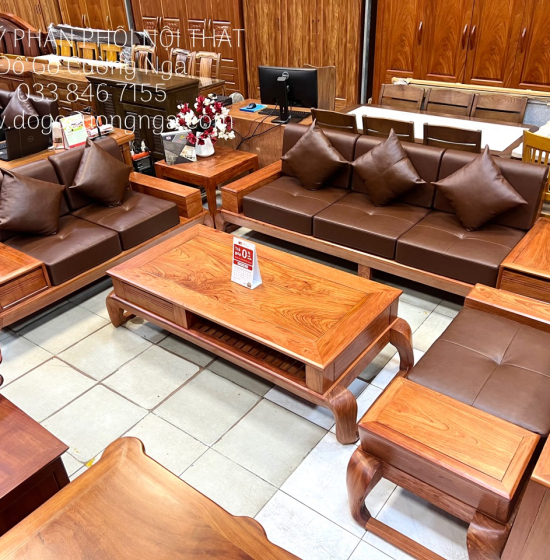 Sofa Gỗ Hương Đá Cao Cấp 2 Văng Choãi Kiểu Chữ U Sang Trọng 